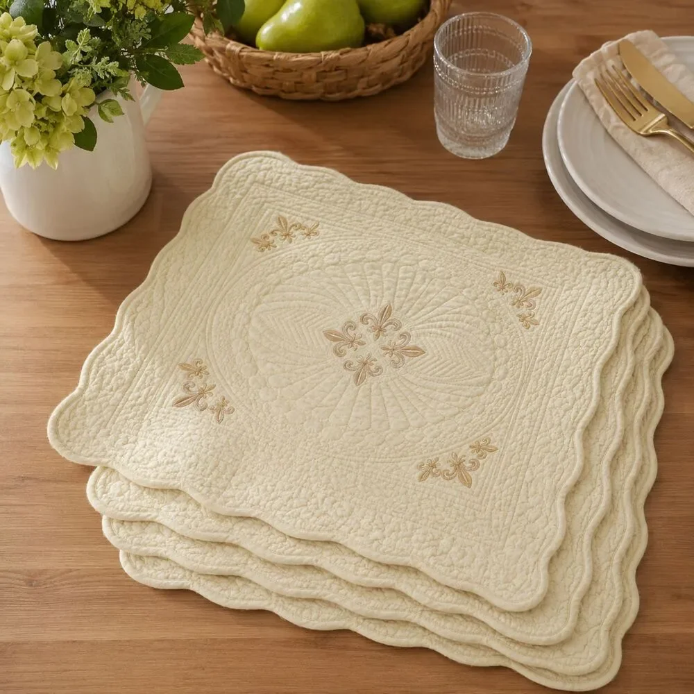 Donna Sharp Quilted Placemats Set of 4 Gold Embroidered Fleur-de-lis 15x18